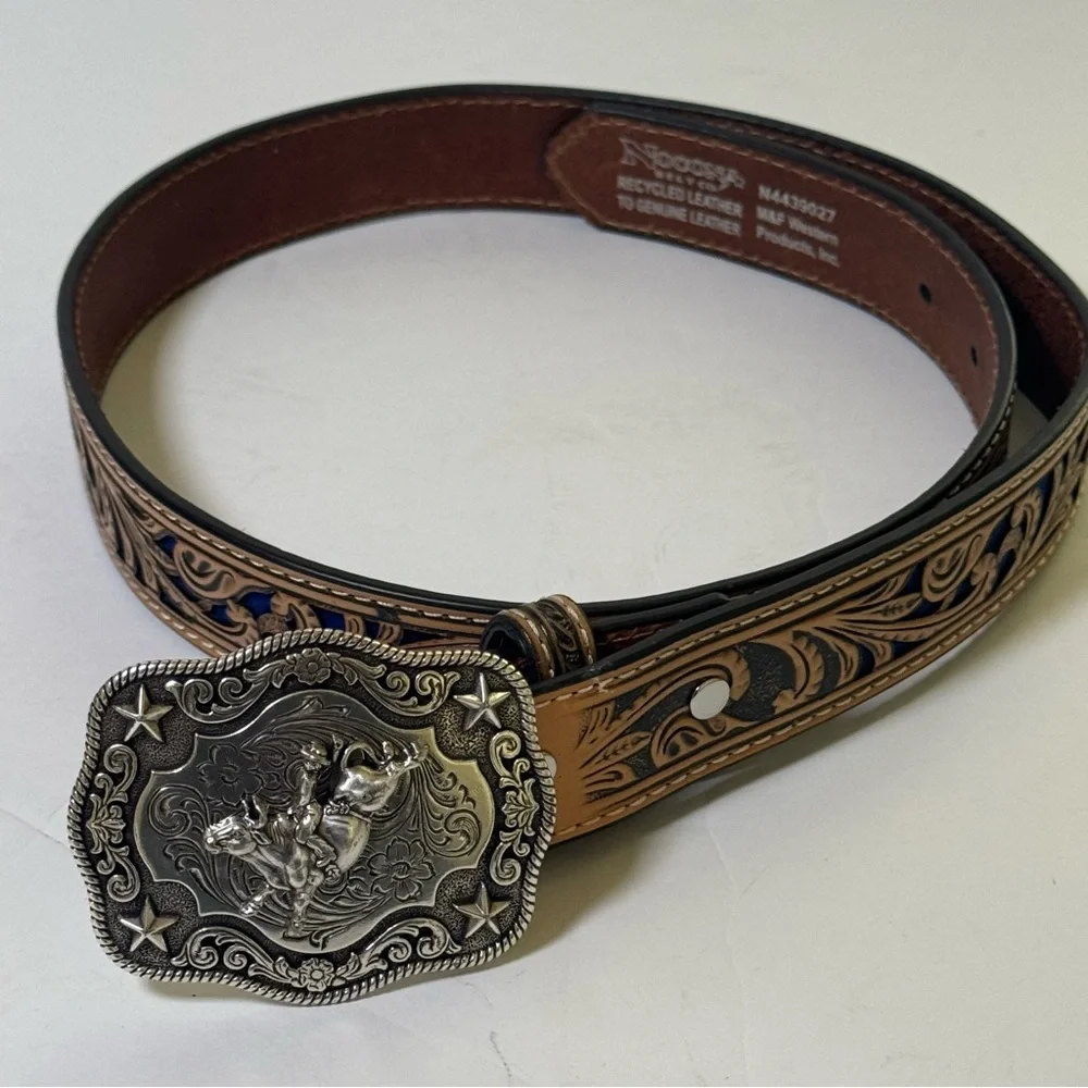 Nocona Boys Western Leather Belt with Bull Rider Buckle